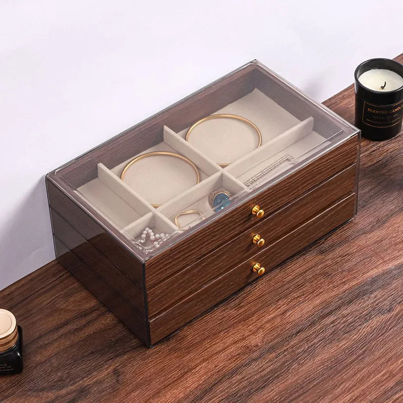 New walnut pattern three-layer drawer jewelry storage box
