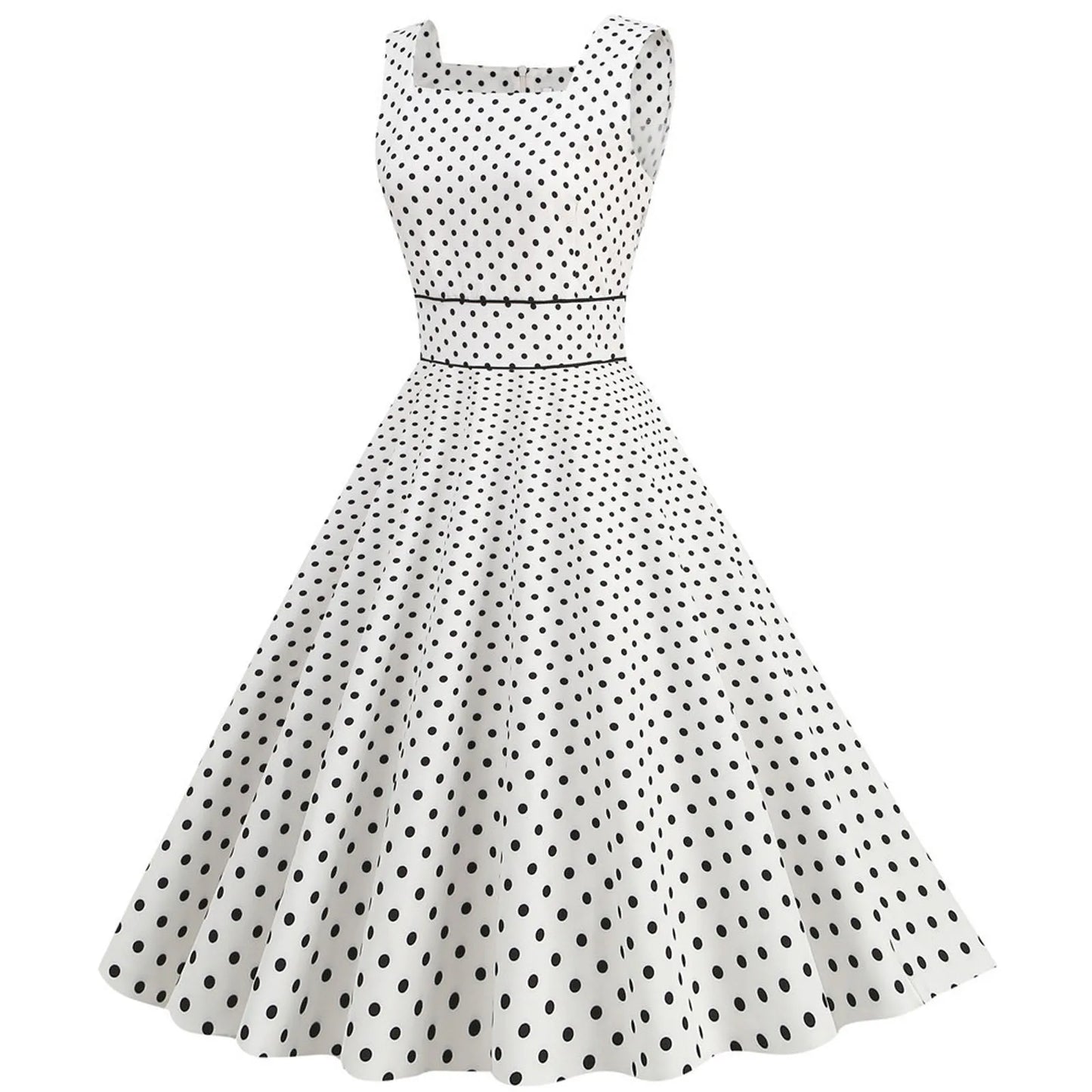 Women Vintage 1950s Retro Dress Sleeveless Dot Print Square Neck Waist In A-Line