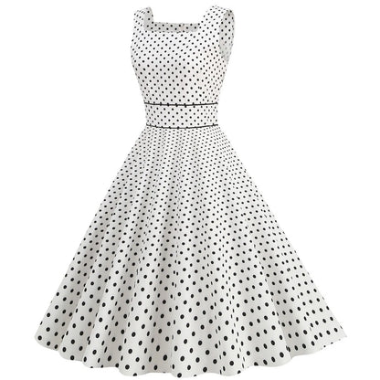 Women Vintage 1950s Retro Dress Sleeveless Dot Print Square Neck Waist In A-Line