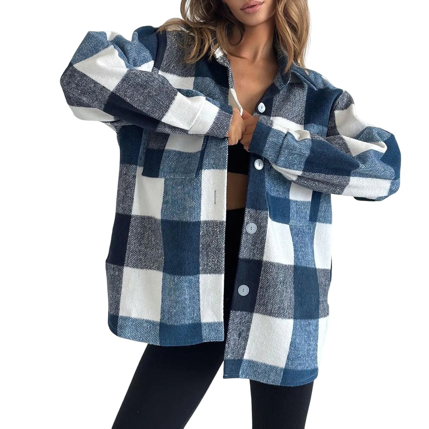 Fall Winter Classic Plaid Shirt for Women Plus Size Flannel Button Down Lapel Shirt