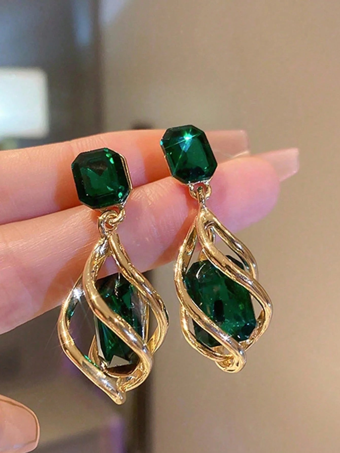Green Gemstone Diamond Drop Earrings -