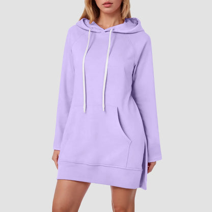 Women Solid Color Hoodie Dress Casual Loose Pullover Long Sleeve Drawstring Mid Dress with Side Slit