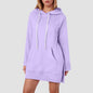 Women Solid Color Hoodie Dress Casual Loose Pullover Long Sleeve Drawstring Mid Dress with Side Slit