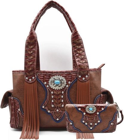 Western Style Cowgirl Woven Fringe Crocodile Gorgeous Purse Conchos Women Handbag Shoulder Bags Wallet Set
