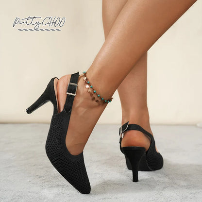 Vintage Green Knitted Slingback Sandal. Pointed Toe Breathable Net Dress Pumps