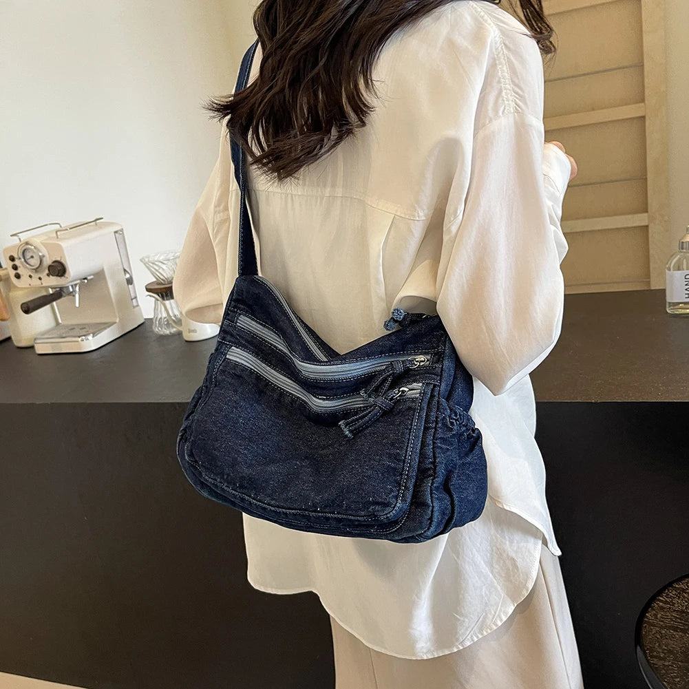Women Casual Large Capacity Denim Messenger Bag Adjustable Strap