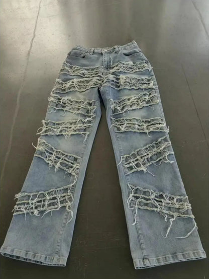Fringed Distressed Flare Jeans - High Stretch Unique Tassel Design