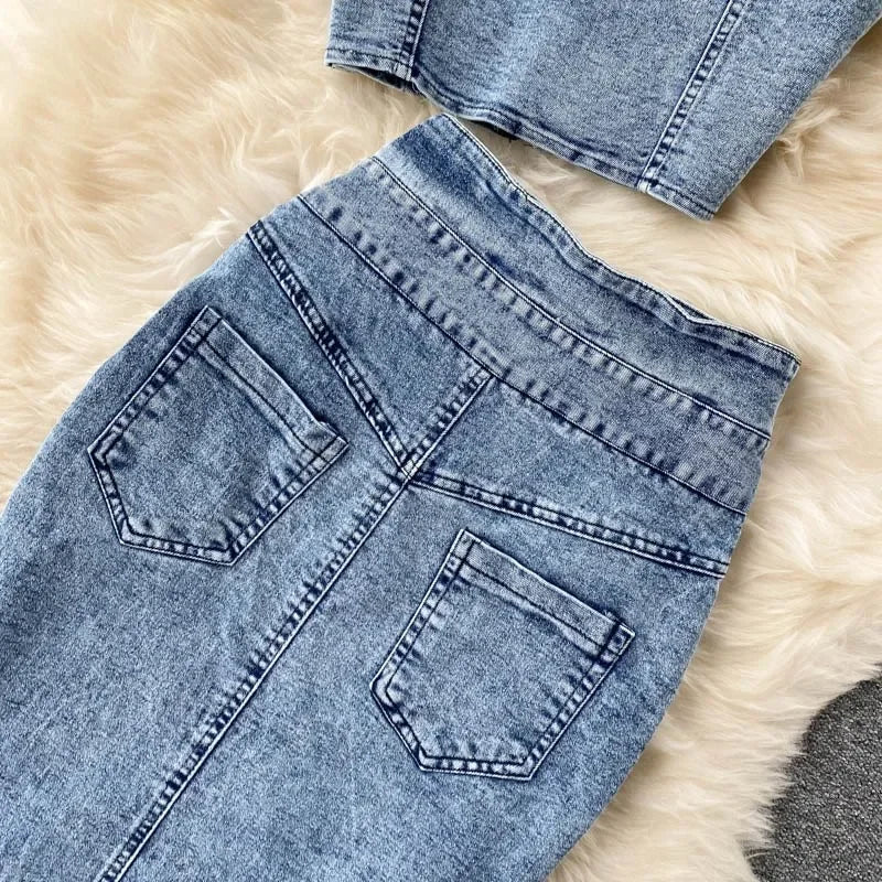 denim 2 piece outfits summer top and skirt