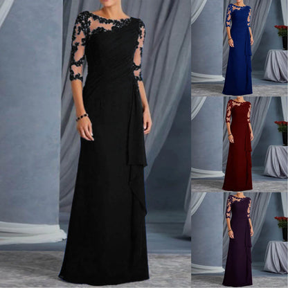 Women Elegant Lace Long Dress Sexy See Through Round Neck Mid Sleeve Dress Solid Color