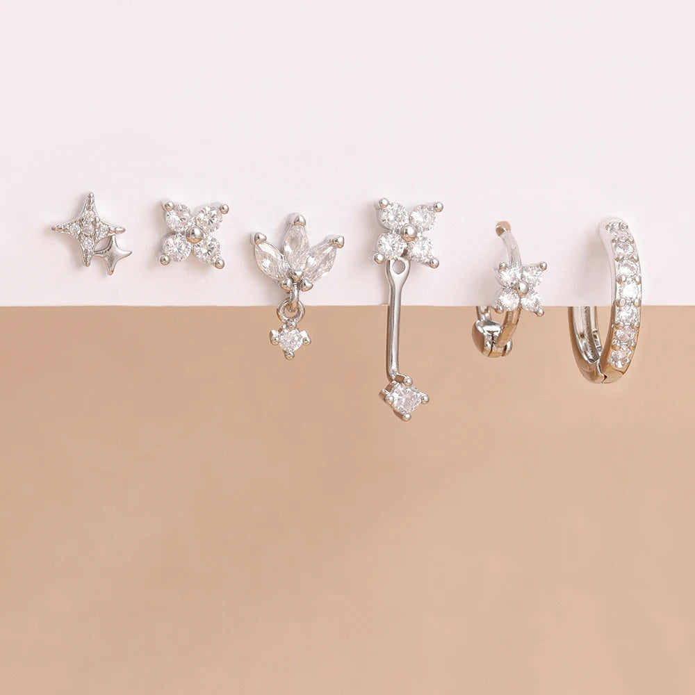 6PCS Fashion Cute Zircon Flower Ear Stud 18K Gold Plated Star Ear Stud Earrings