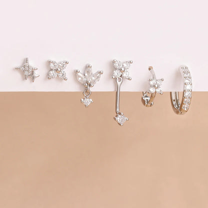 6PCS Fashion Cute Zircon Flower Ear Stud 18K Gold Plated Star Ear Stud Earrings