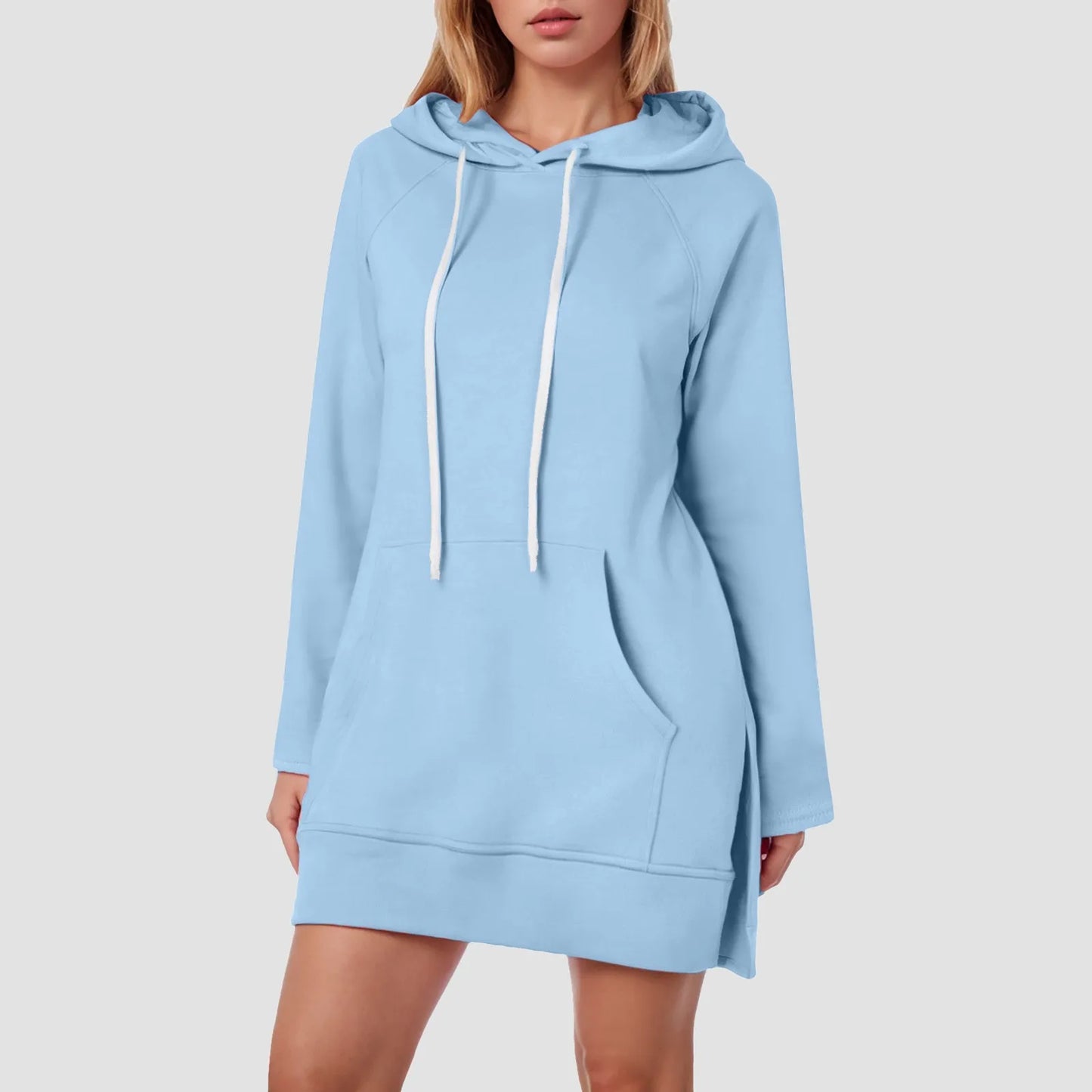 Women Solid Color Hoodie Dress Casual Loose Pullover Long Sleeve Drawstring Mid Dress with Side Slit