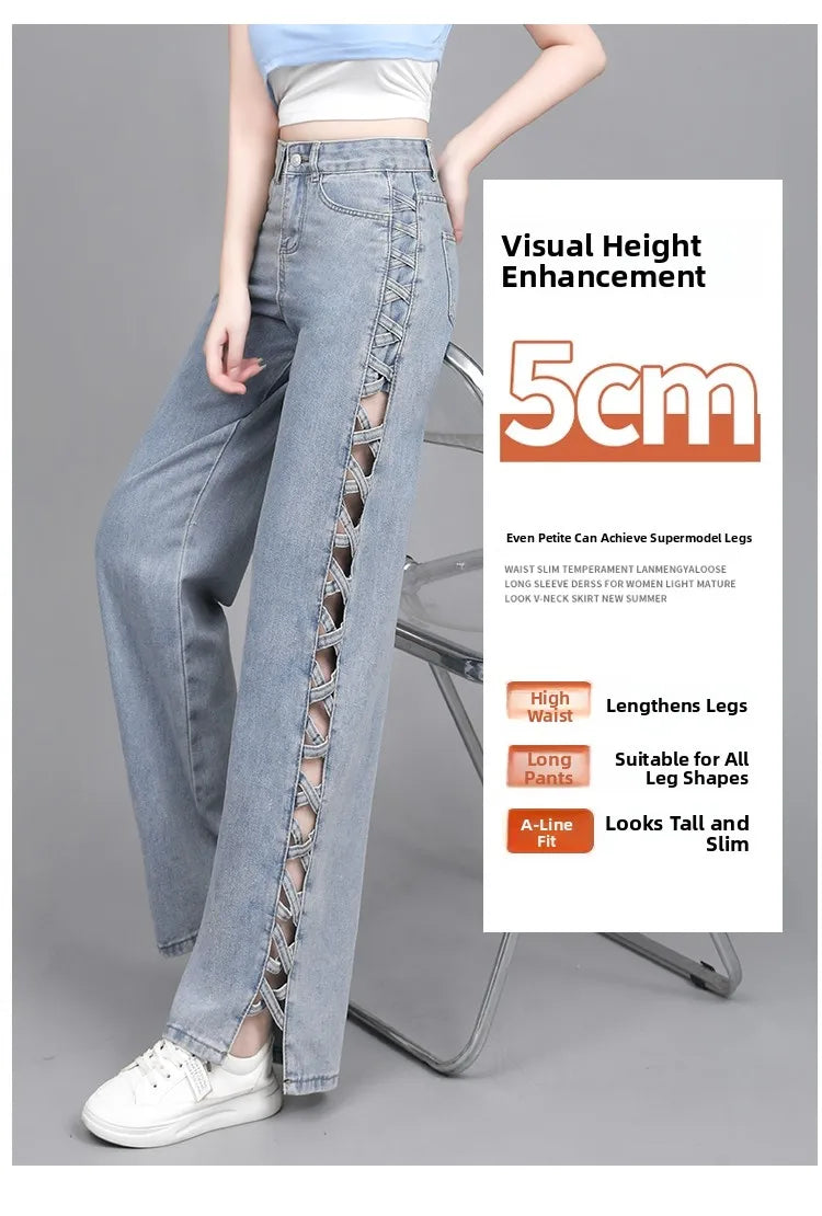 Hollow Wide Leg Jeans Casual Design Slimming High Waist