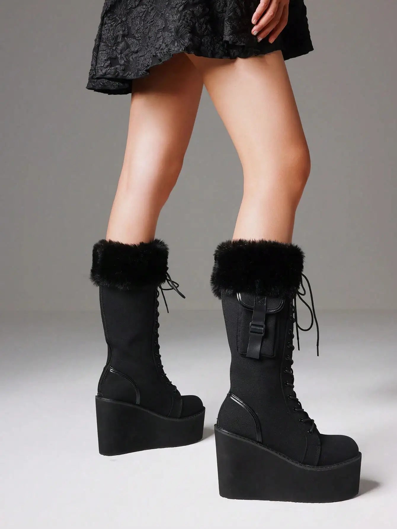 Punk Gothic Women Combat Boots Chunky Wedges Heel Fur Mid Calf Platform