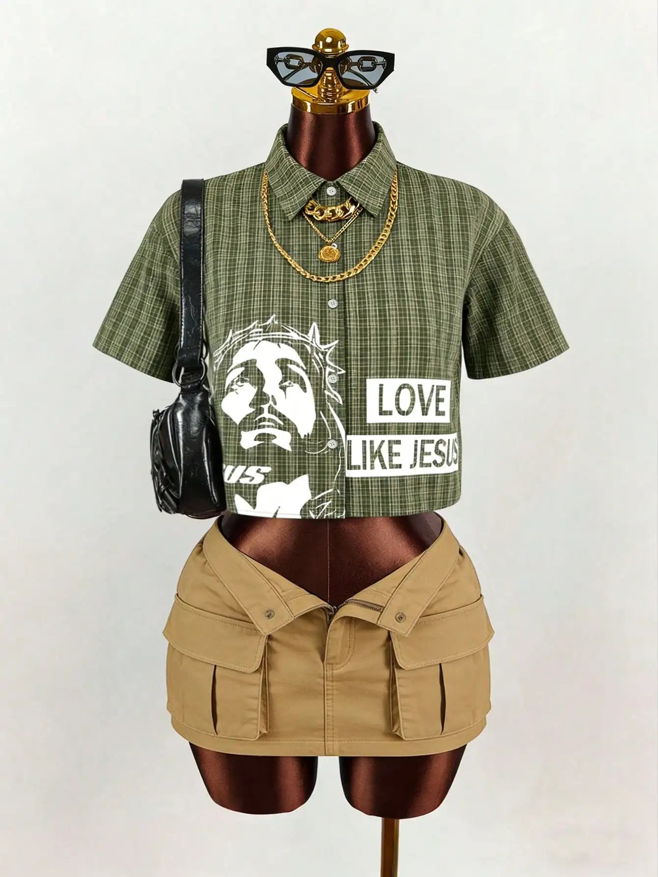 Olive Green Plaid Cropped Shirt with Graphic Print and Slogan