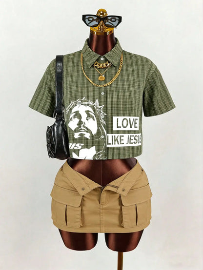 Olive Green Plaid Cropped Shirt with Graphic Print and Slogan