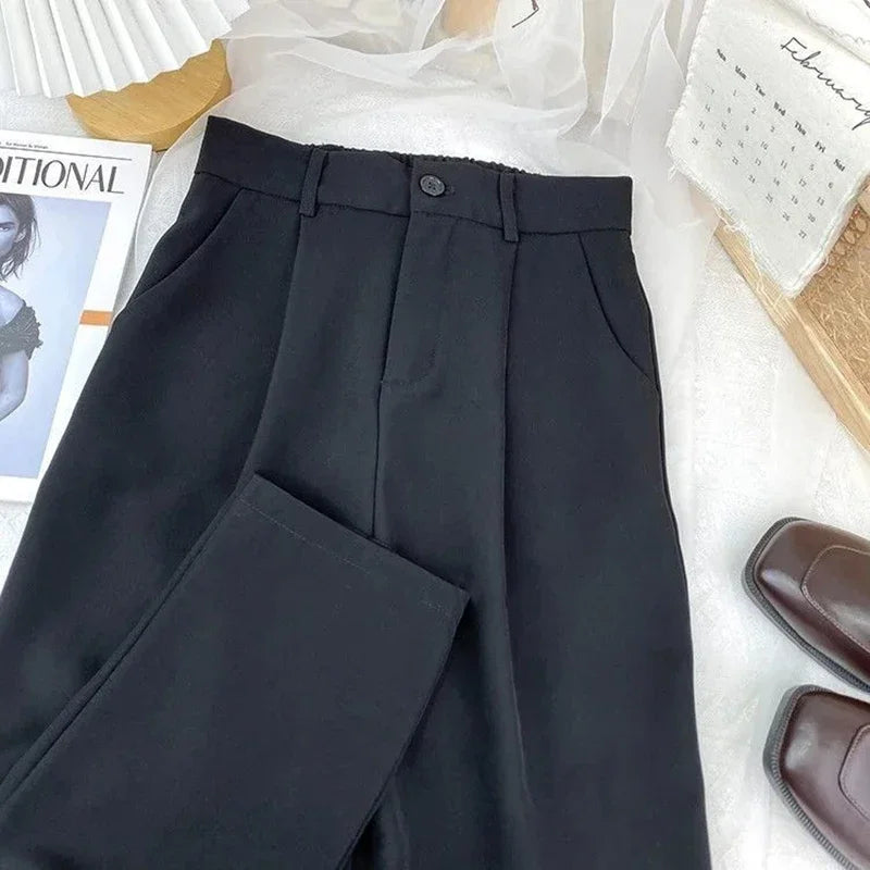 Fall Spring Black Suit Haren Pants Elastic High Waist Casual