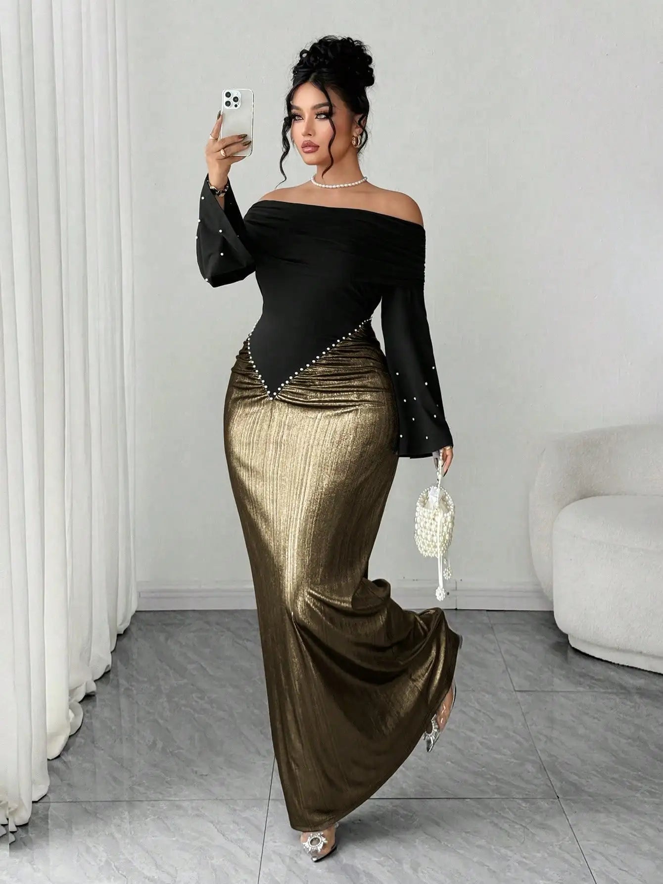 Elegant Off Shoulder Long Sleeve Maxi Dress with Pearl Waist Detail, Silver Black Contrast