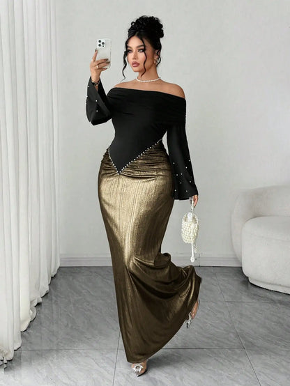 Elegant Off Shoulder Long Sleeve Maxi Dress with Pearl Waist Detail, Silver Black Contrast