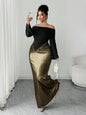 Elegant Off Shoulder Long Sleeve Maxi Dress with Pearl Waist Detail, Silver Black Contrast