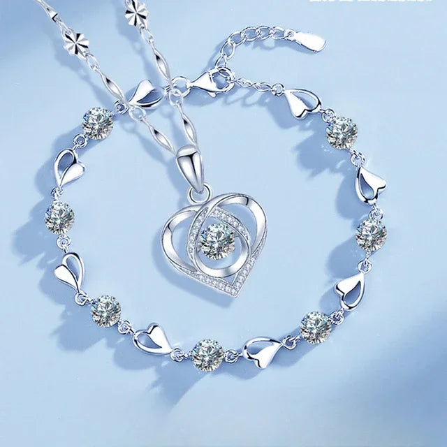 925 Sterling Silver Heart Shaped Necklace Bracelet Set Blue Crystal Bracelets