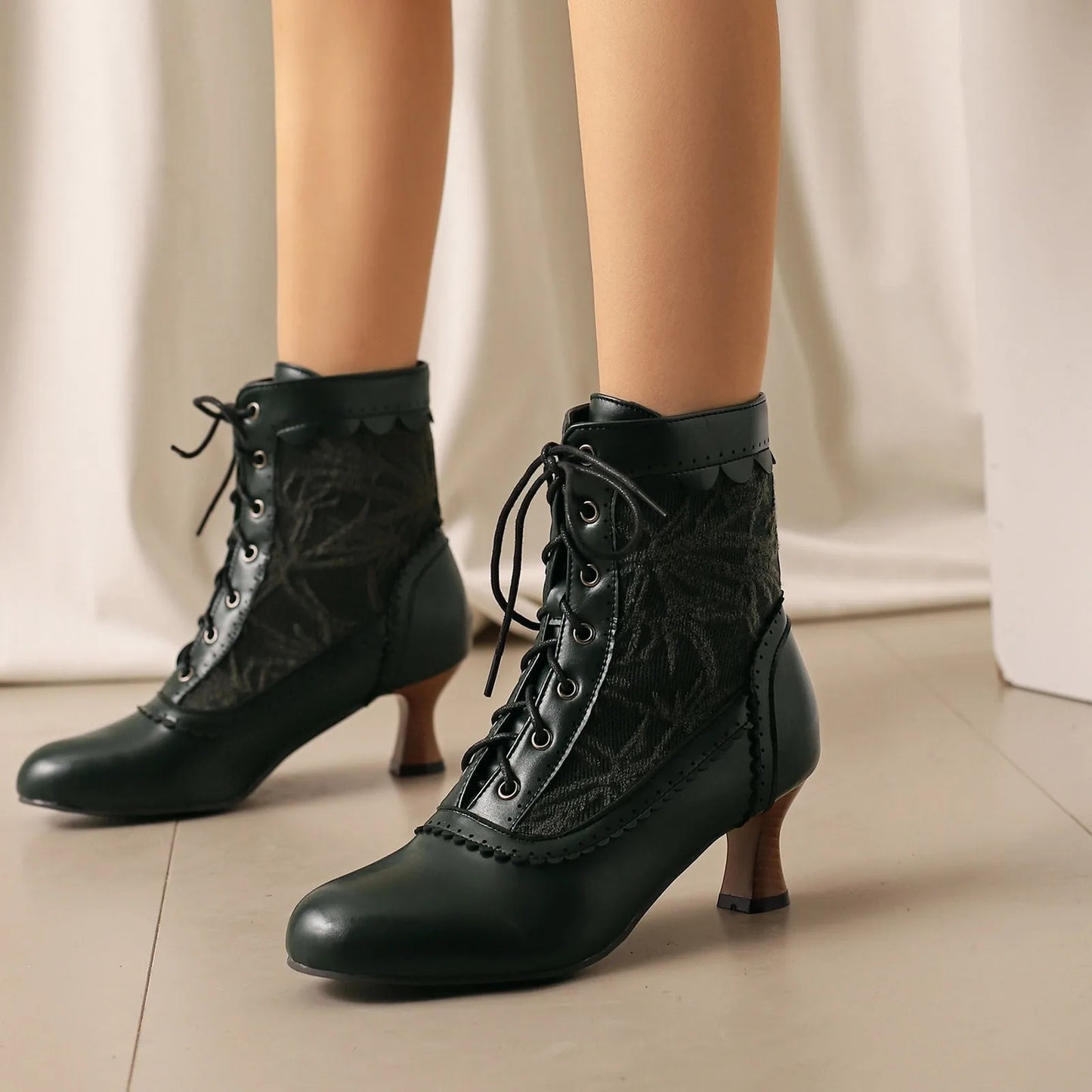 Women's Fashionable Classic Low Heel Ankle Boots Wicker Wedges Lace Color Blocked