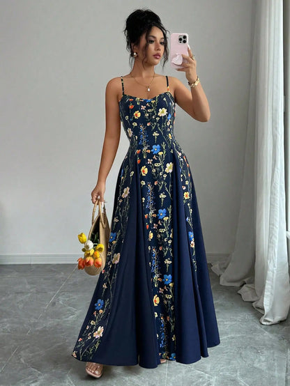 Elegant Cream Floral Print Sleeveless Maxi Dress for Spring Summer