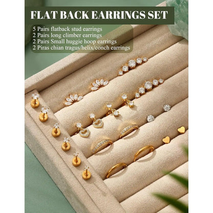 11 Pairs Flat Back Earrings for Women-20G Surgical Stainless Steel Stud and Hoop Earring