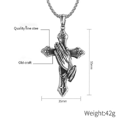 Praying Hands Necklace Black Stainless Steel Cross Box Chain