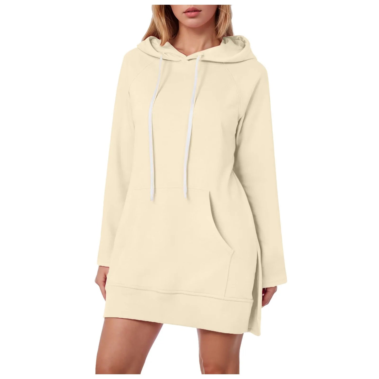 Women Solid Color Hoodie Dress Casual Loose Pullover Long Sleeve Drawstring Mid Dress with Side Slit