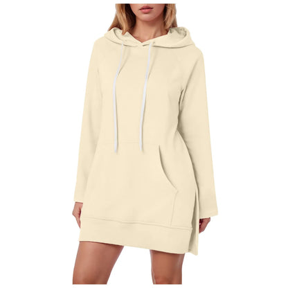 Women Solid Color Hoodie Dress Casual Loose Pullover Long Sleeve Drawstring Mid Dress with Side Slit