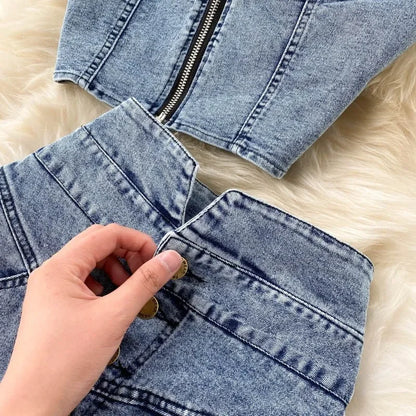 denim 2 piece outfits summer top and skirt