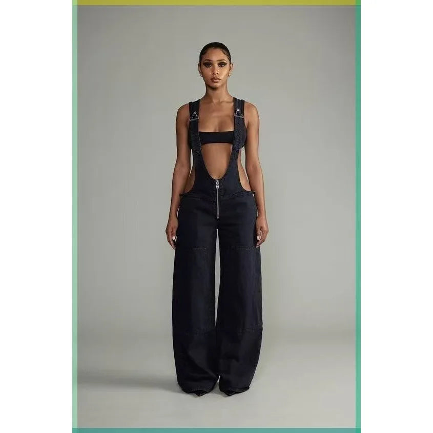 Low Waist shoulder Strap Wide Leg Jeans Low Rise Cargo Trousers with Straps