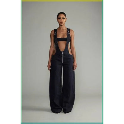 Low Waist shoulder Strap Wide Leg Jeans Low Rise Cargo Trousers with Straps