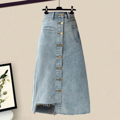 Women's Summer New Casual Spliced Half Sleeved Shirt+Sexy Split Denim Skirt Two Piece French Vintage Cardigan+Dress Matching Set