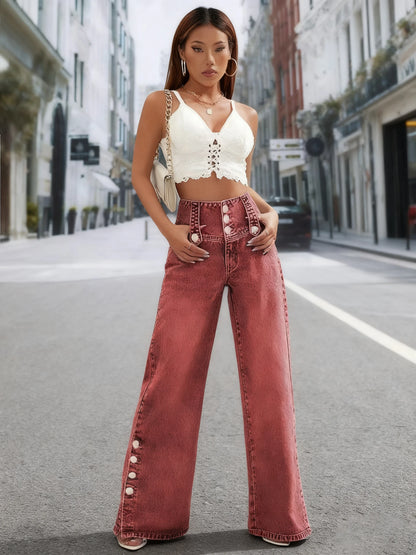 Ladies red-brown wide-leg Multiple buttons, slightly stretchy, mid-rise, denim jeans