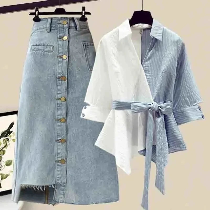 Women's Summer New Casual Spliced Half Sleeved Shirt+Sexy Split Denim Skirt Two Piece French Vintage Cardigan+Dress Matching Set