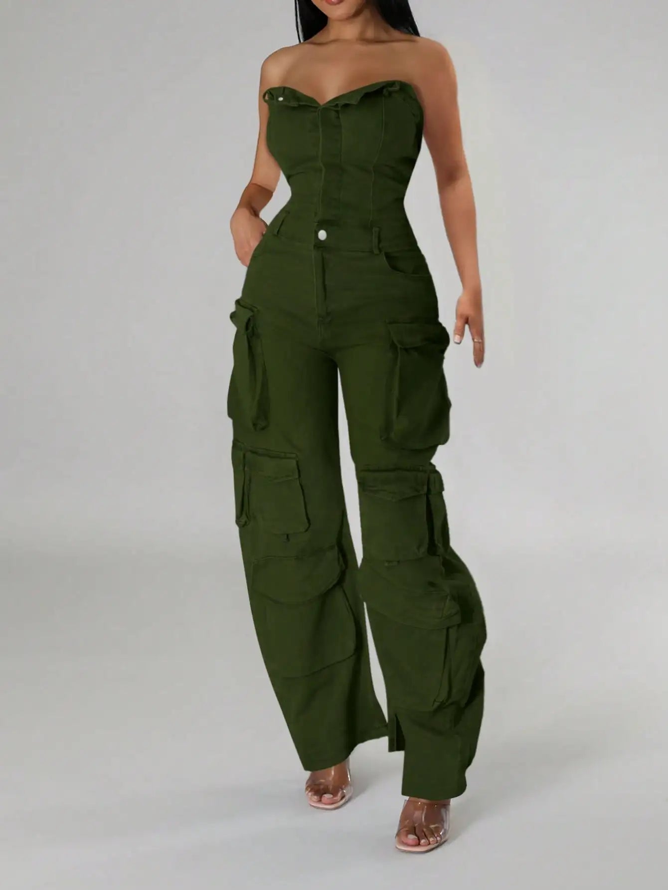 Olive Green Cargo Jumpsuit for Women, High Waist Wide Leg Denim with Multiple Pockets