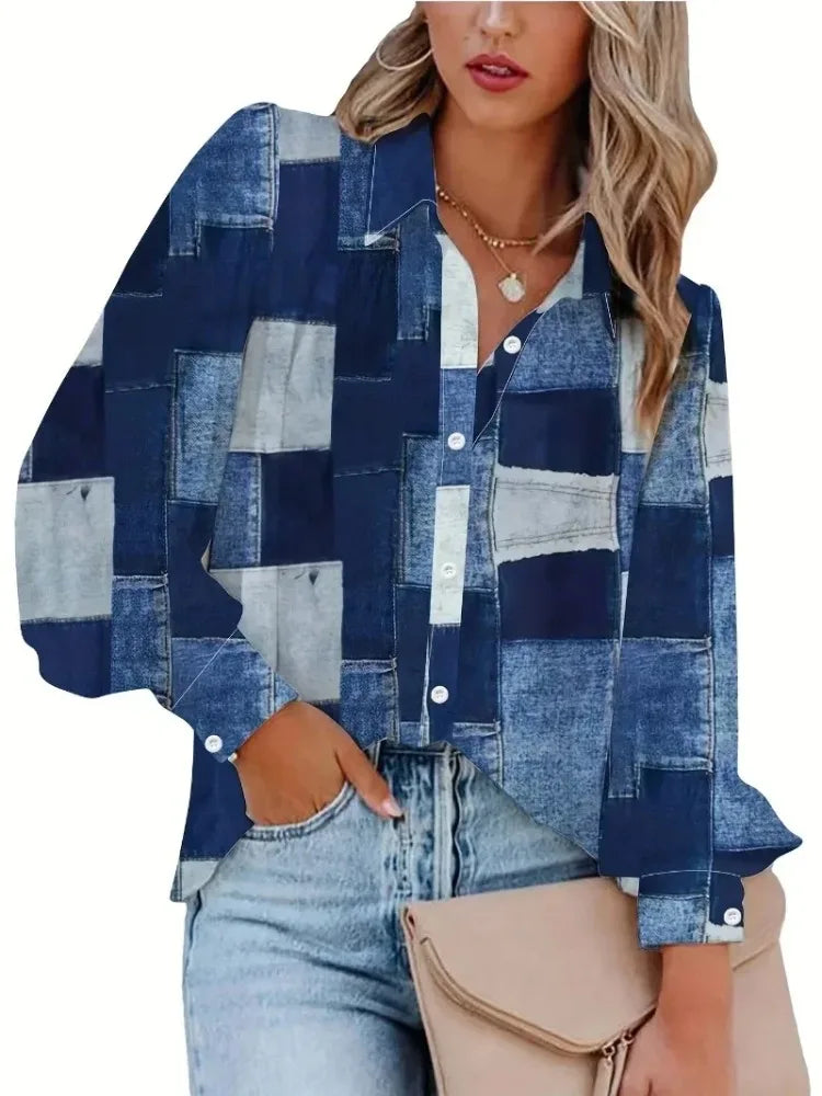 Plus Size 1XL-5XL Women's Autumn Checkered Button Up Shirt Long Sleeve