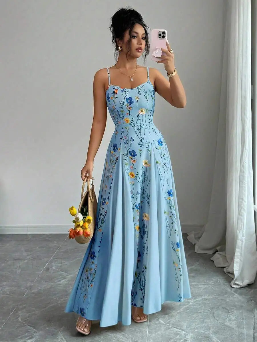 Elegant Cream Floral Print Sleeveless Maxi Dress for Spring Summer