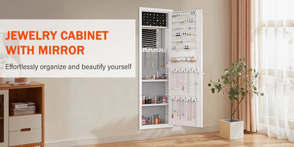 Mirror Jewelry Cabinet, 47.24" Tall Wall Mounted Jewelry Cabinet with Mirror and Light, Large Jewelry Armoire Organizer