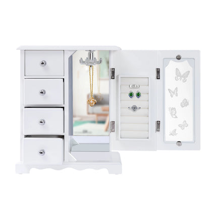 Jewelry Box with 4 Drawers Organizer and Built-in Necklace Carousel and Large Mirror, Jewelry Storage Box White