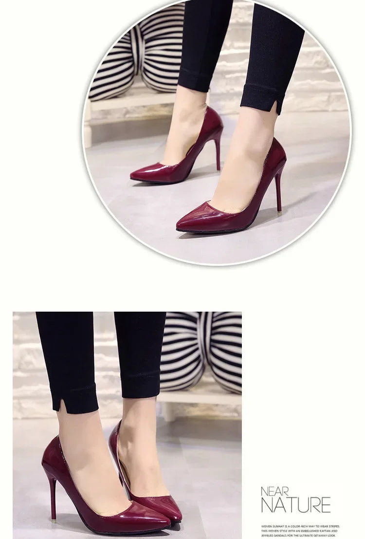 Nude Pumps Patent Leather Sexy Pointed Toe Thin Heel