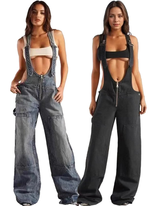 Low Waist shoulder Strap Wide Leg Jeans Low Rise Cargo Trousers with Straps