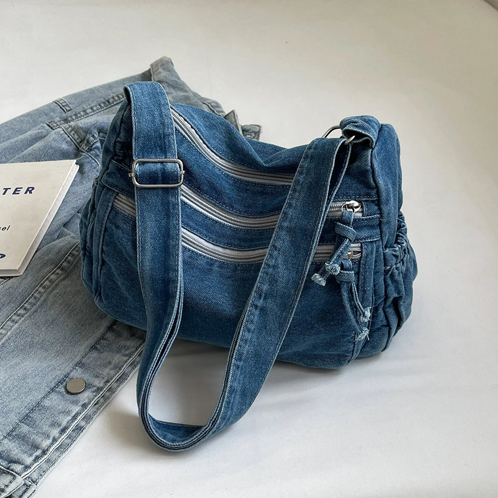 Women Casual Large Capacity Denim Messenger Bag Adjustable Strap