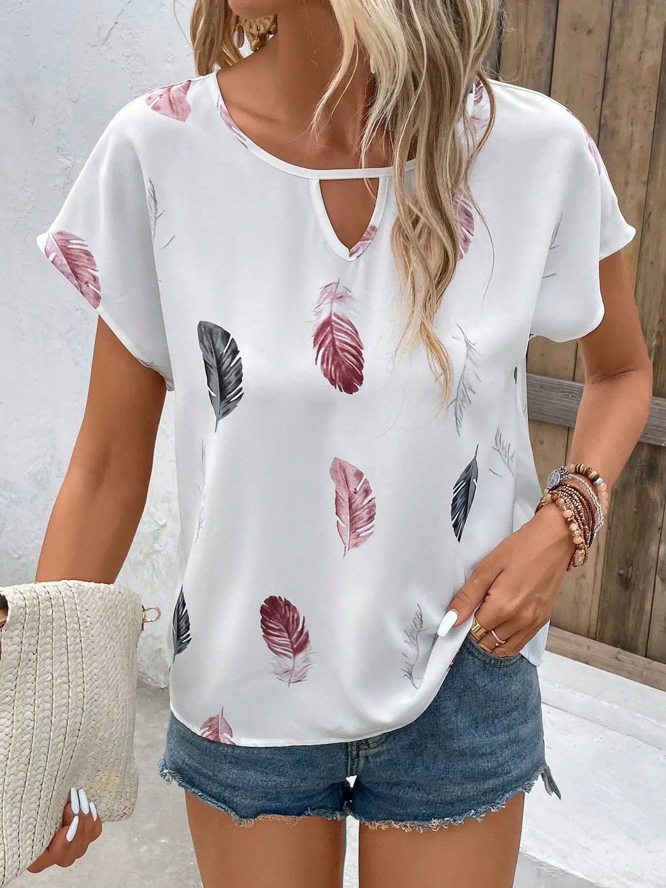 Women's Loose Feather Print Keyhole Neck Blouse, Summer Casual Top