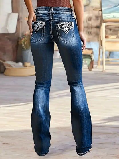 Women's Low Rise Jeans Casual Zipper Fly Flare Leg Denim Pants with Pocket
