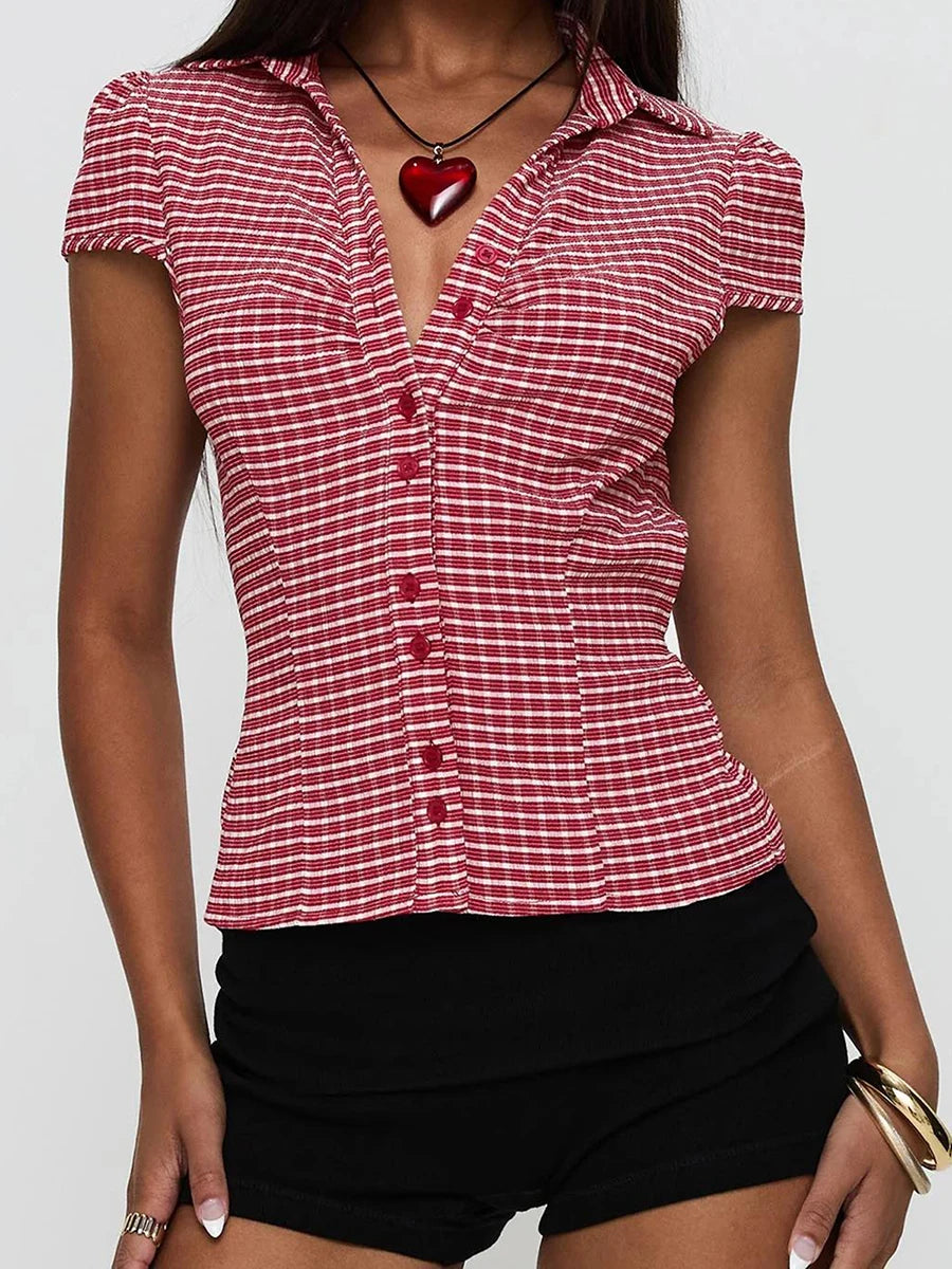 Women s Stylish Plaid Print Short Sleeve Shirt Lapel Button Down