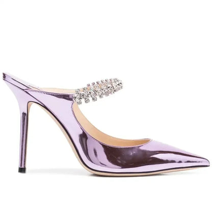 2025 New Fashionable Fine Heeled Muller Shoes with Pointed Water Diamond Chain Banquet