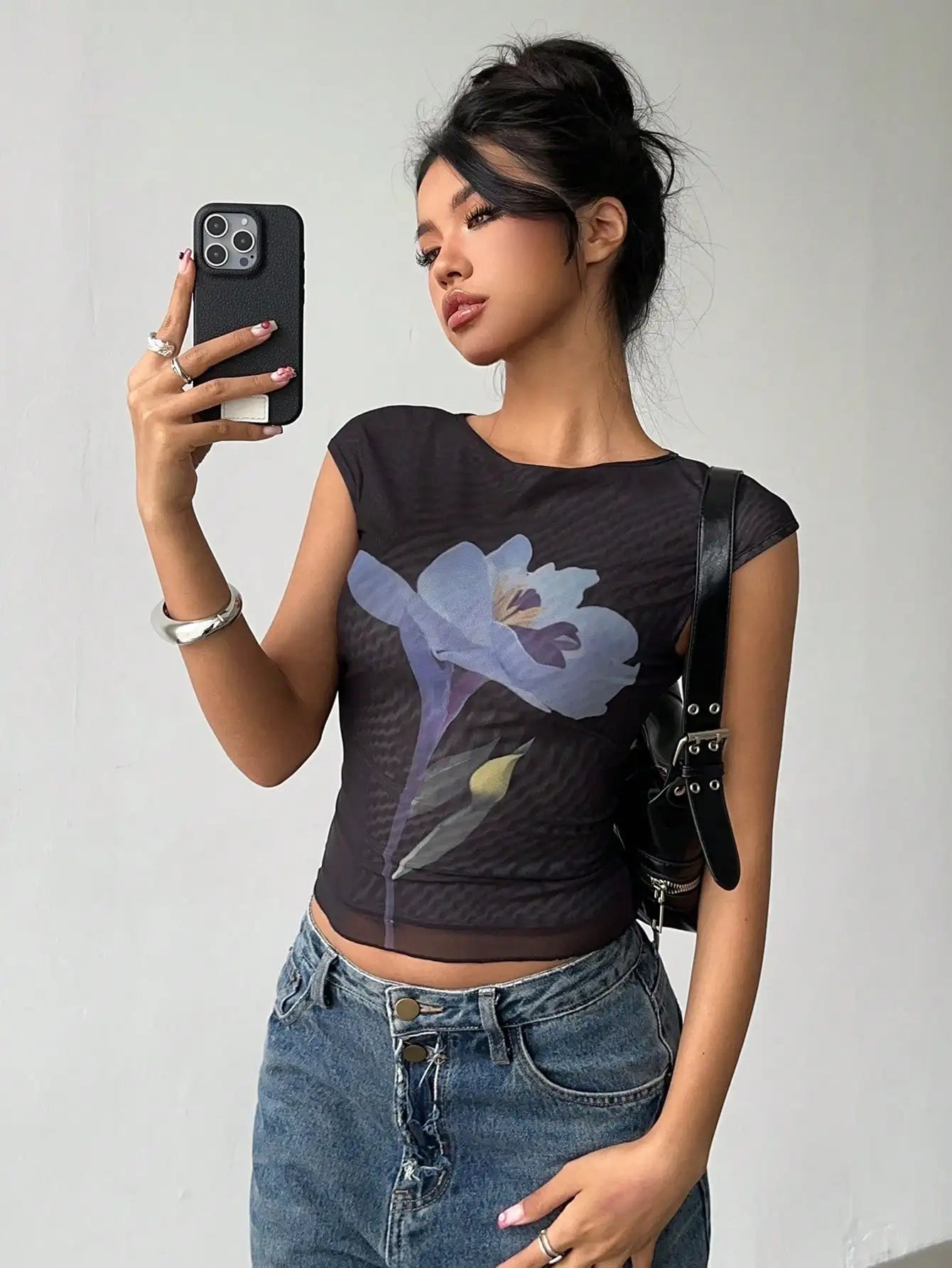 Black Floral Mesh Crop Top for Women, Sheer Sleeveless Summer Shirt